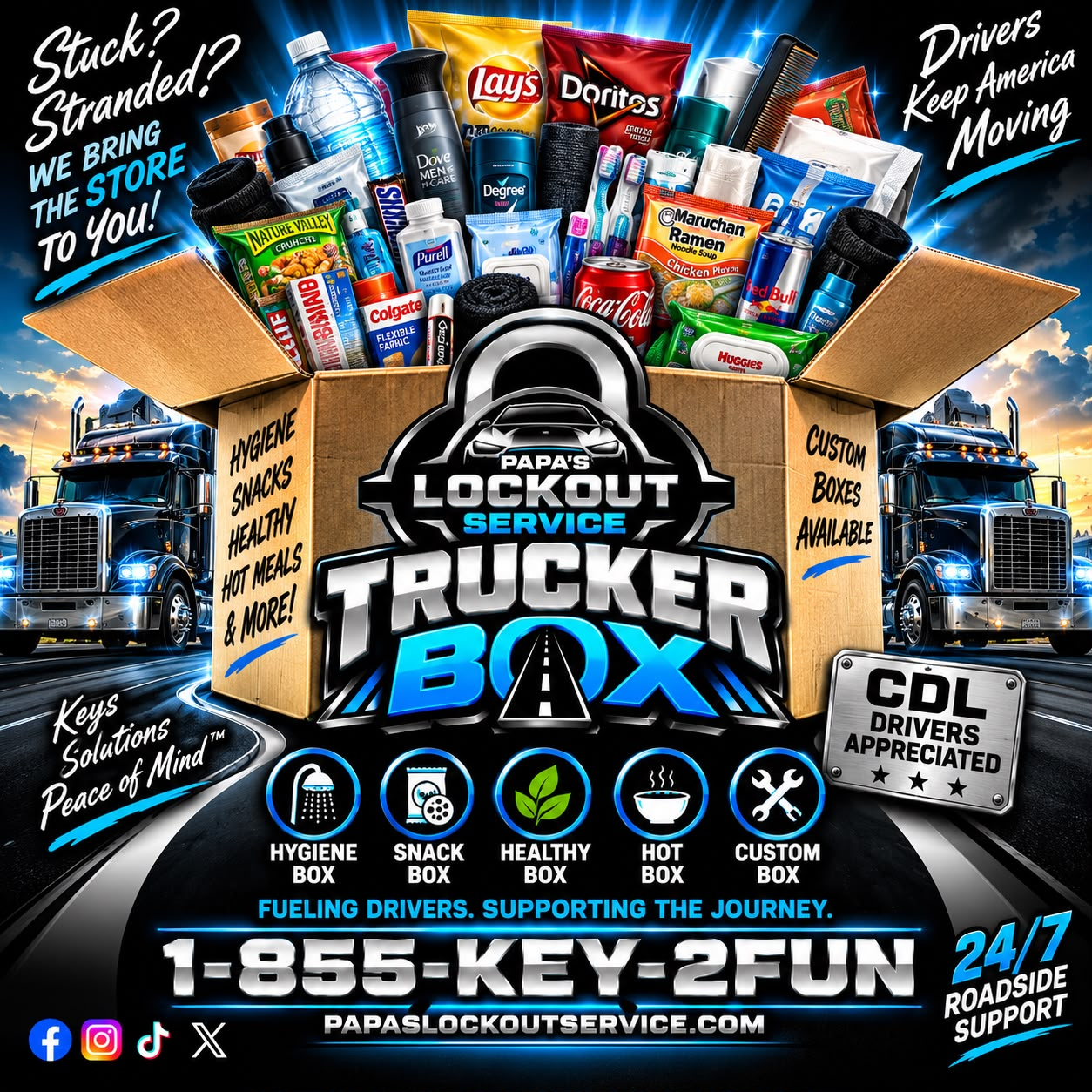 Papa's Lock Out Service truck pulling up with a TruckerBox